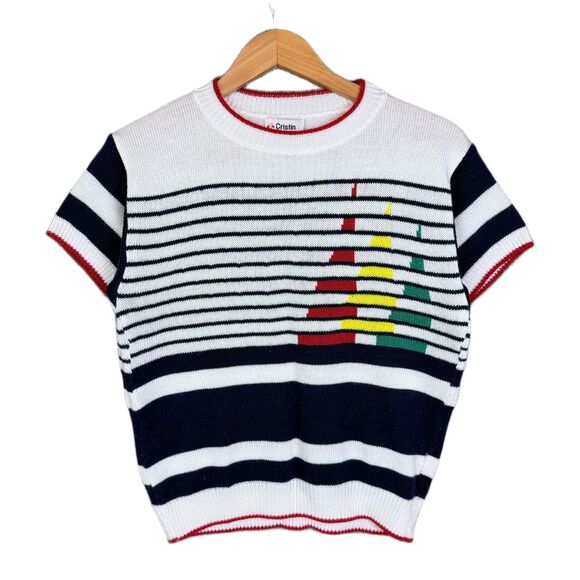 Vintage 90s Cristin Stevens Short Sleeve Sweater Blue White Stripe Sailboat M - Picture 1 of 8
